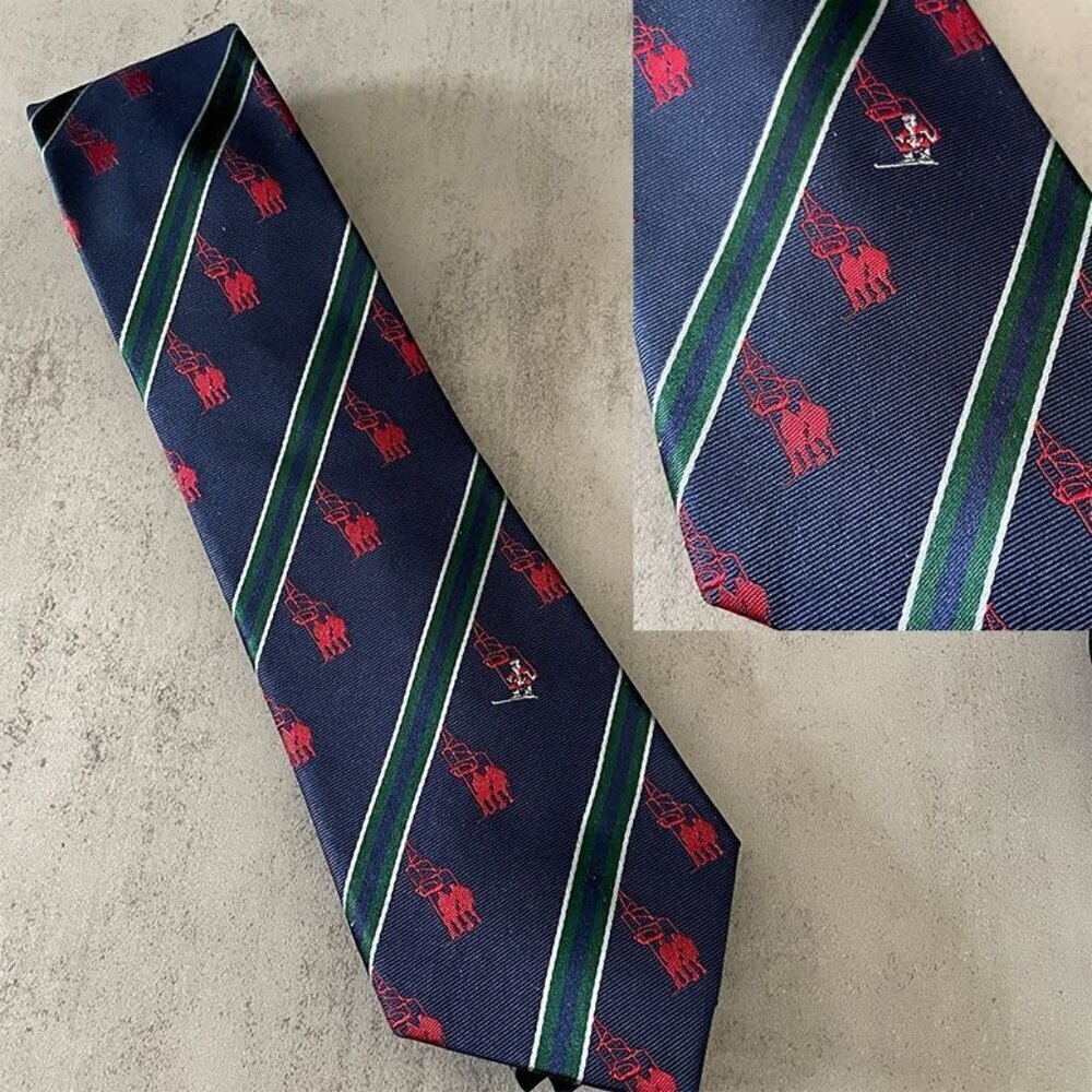 Lands' End Skiing Santa Chairlift Christmas Holiday Classic Navy Silk Neck Tie
